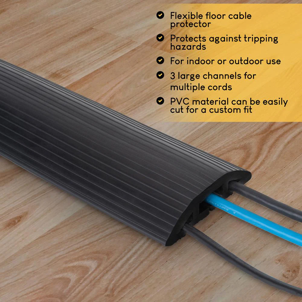 15-Feet Cord Protector with 3-Channels for Floor, 15ft, Black
