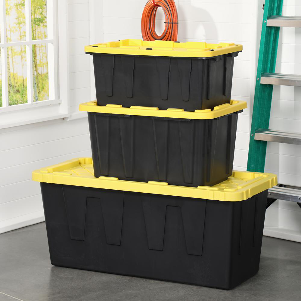 anf Brands (12-Pack) Heavy-Duty 27-Gallon Black and Yellow Storage Bins, Stackable with Secure Lids for Ultimate Organization