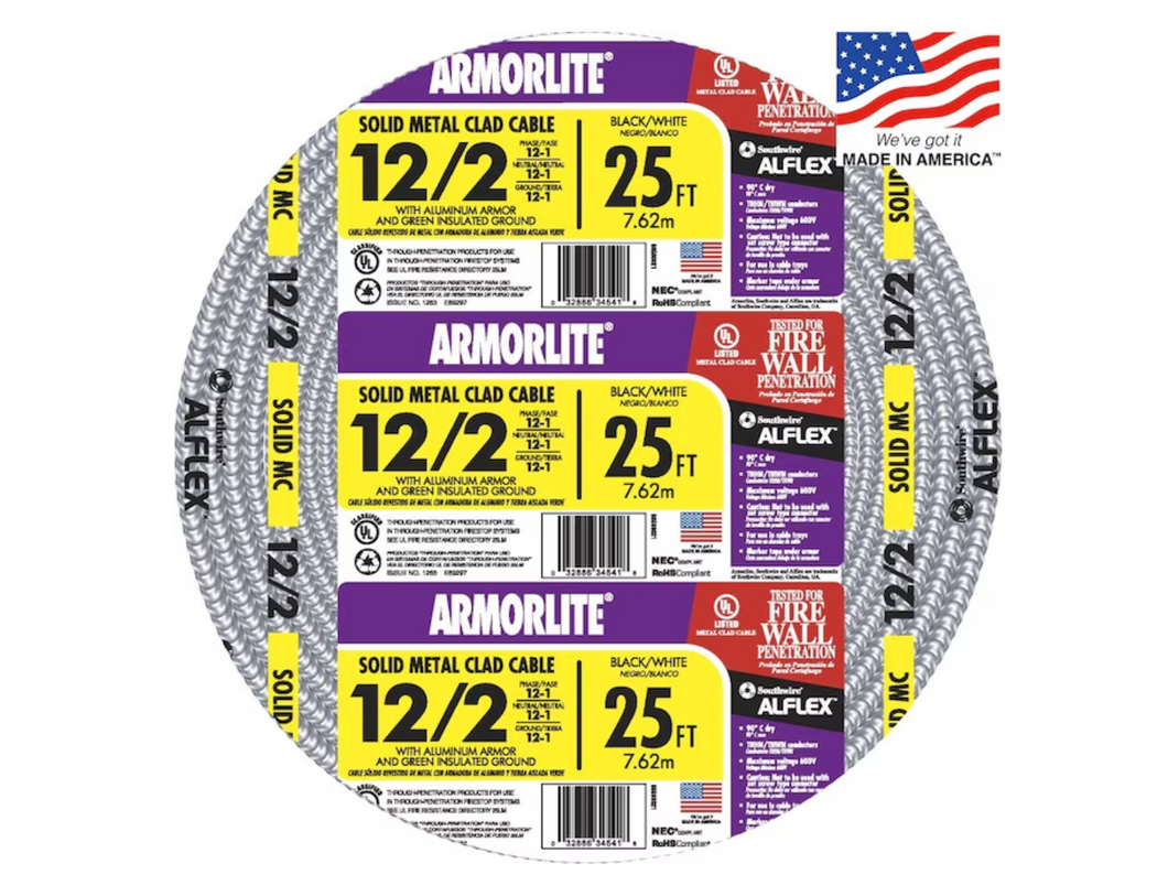 Southwire Armorlite 25-ft 12/2 Solid Aluminum MC (Metal Clad) Cable