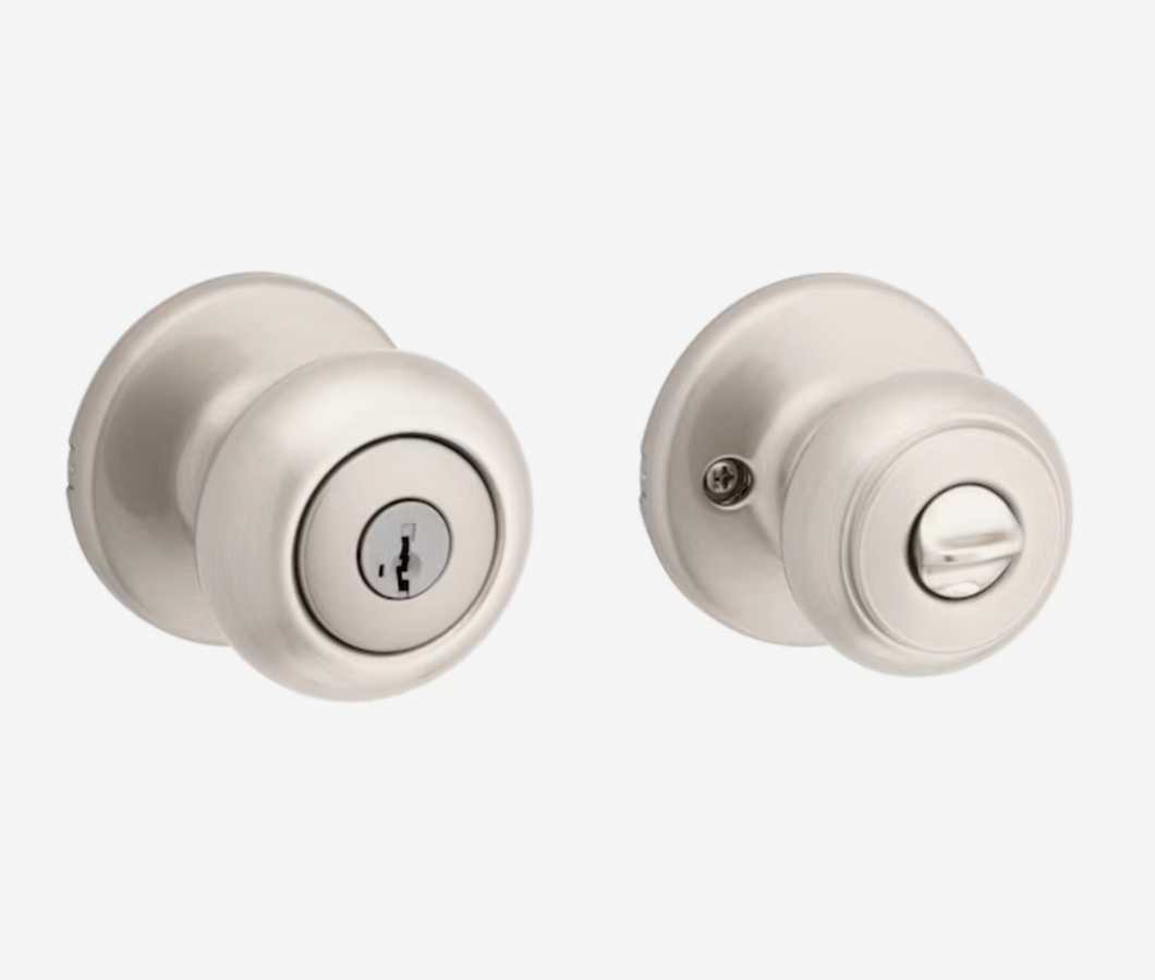 Kwikset Security Cove Satin Nickel Smartkey Exterior Keyed Entry Door Knob with Antimicrobial Technology