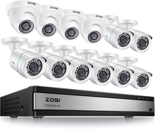 Load image into Gallery viewer, ZOSI 1080p 16 Channel Security Camera System, H.265+ 16 Channel DVR Recorder and 8 x 1080p Weatherproof Surveillance CCTV Bullet Dome Camera Outdoor Indoor, 80ft Night Vision, 90° View Angle (No HDD)
