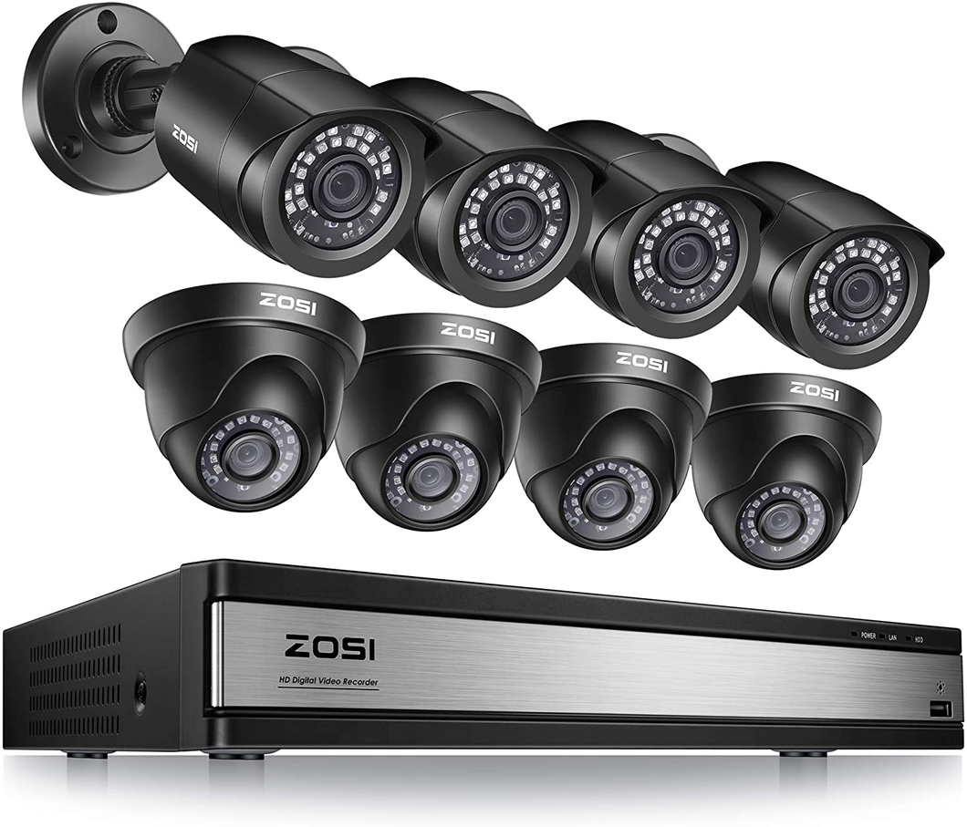 ZOSI 1080p 16 Channel Security Camera System, H.265+ 16 Channel DVR Recorder and 8 x 1080p Weatherproof Surveillance CCTV Bullet Dome Camera Outdoor Indoor, 80ft Night Vision, 90° View Angle (No HDD)