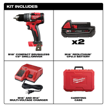 Load image into Gallery viewer, M18 18-Volt Lithium-Ion Brushless Cordless 1/2 in. Compact Drill/Driver Kit with (2) 2.0 Ah Batteries, Charger and Case
