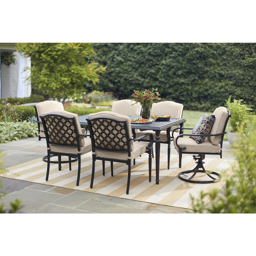 Laurel Oaks Brown 7-Piece Steel Outdoor Patio Dining Set with Cushion Guard Putty Tan Cushions