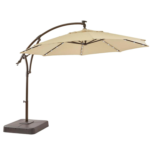 11 ft. Aluminum Cantilever Solar LED Offset Outdoor Patio Umbrella in Putty Tan