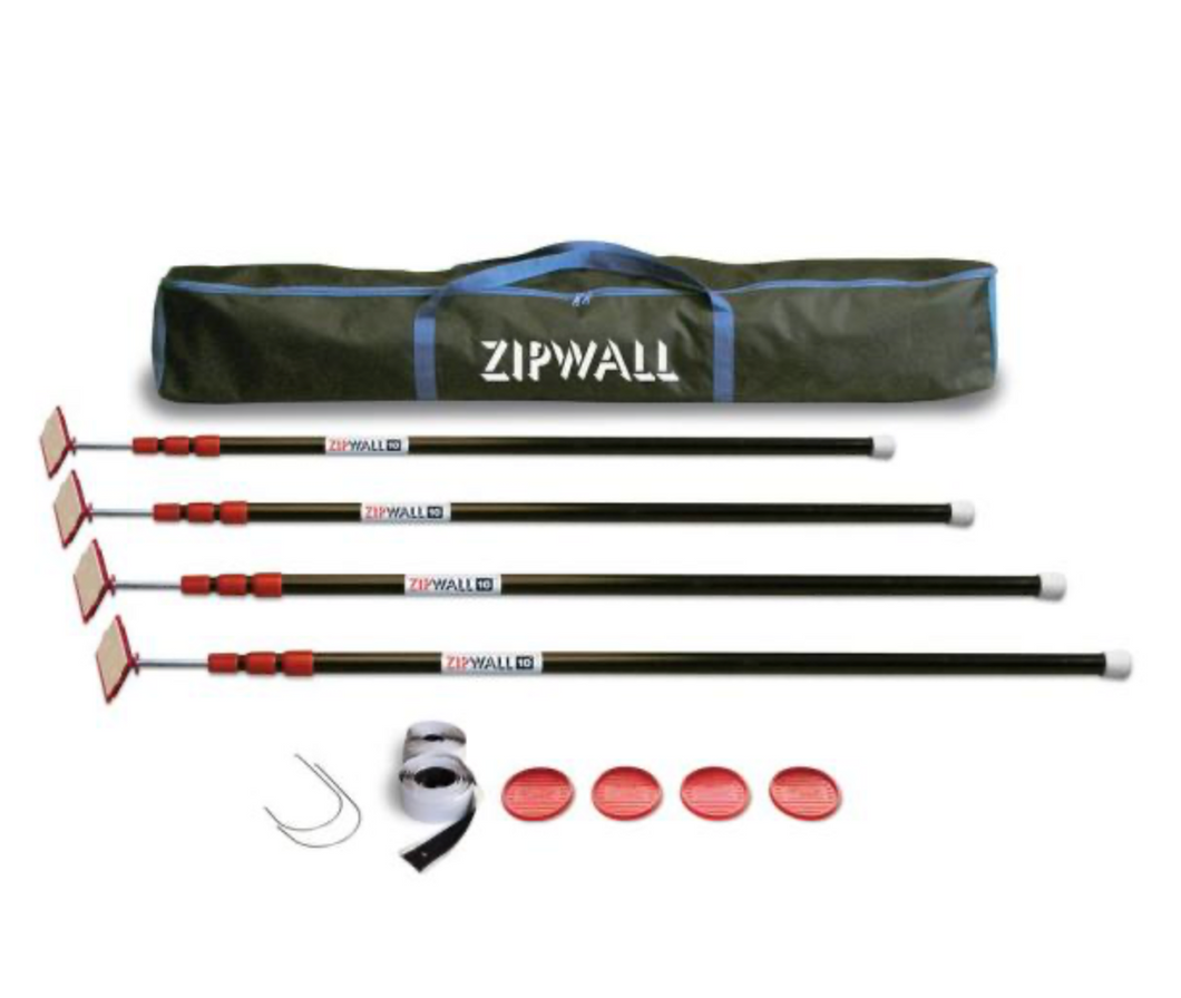 ZP4 Contains 4 10 ft. Steel Spring Loaded Poles 4-Heads, 4-Plates, 4-Tethers, 4-Grip Disks, 2-Zippers and 1-Carry Bag