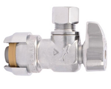 Load image into Gallery viewer, 1/2 in. Push-to-Connect x 3/8 in. O.D. Compression Chrome-Plated Brass Quarter-Turn Angle Stop Valve
