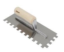 Load image into Gallery viewer, 1/2 in. x 1/2 in. x 1/2 in. Traditional Carbon Steel Square-Notch Flooring Trowel with Wood Handle
