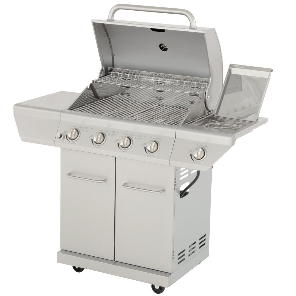 4-Burner Propane Gas Grill in Stainless Steel with Side Burner and  Stainless Steel Doors